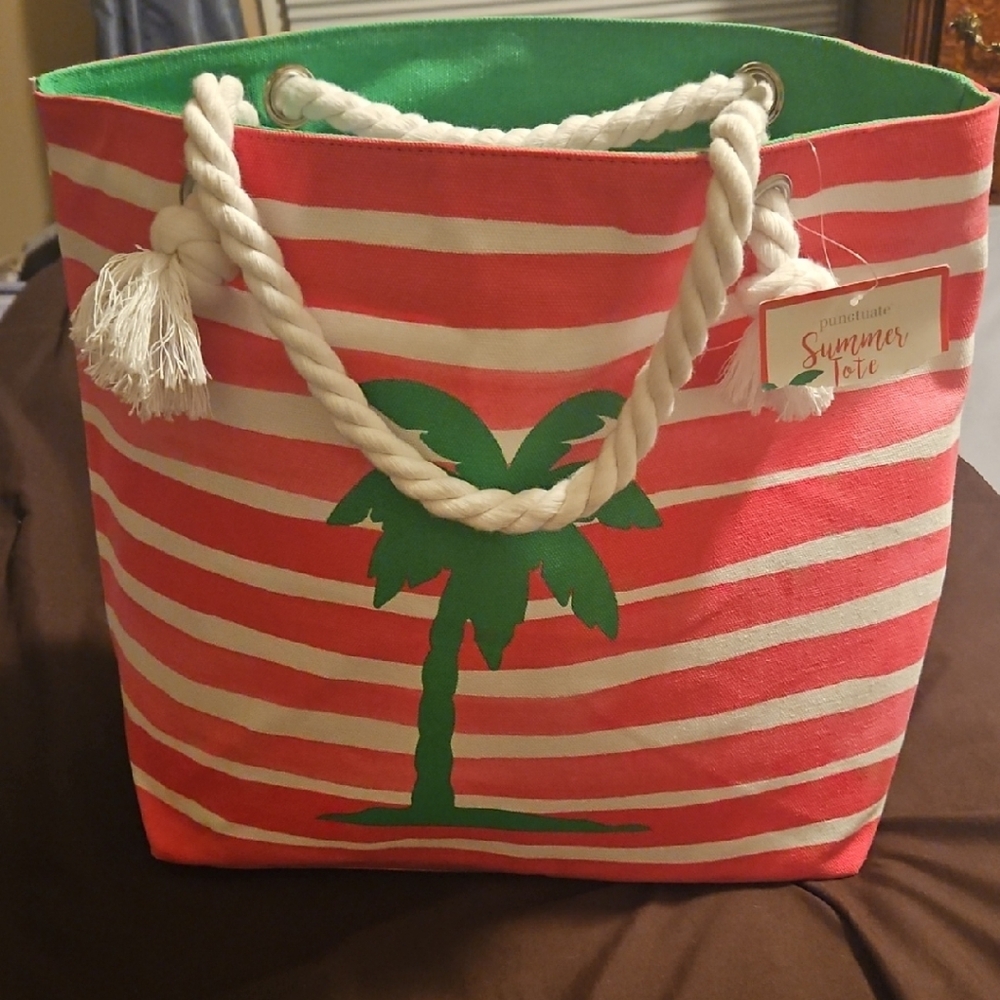 Punctuate Barnes & Nobles Palm Tree Striped Coral and Green Tote Bag